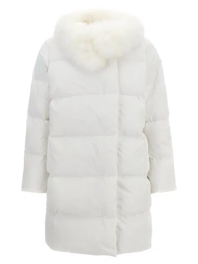 Yves Salomon Long Padded Down Jacket With Fur Trim In White