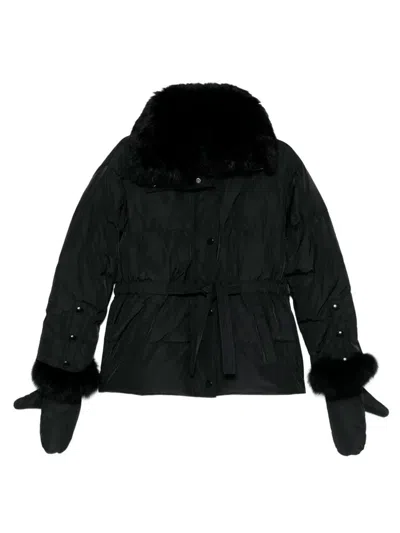 YVES SALOMON DOUDOUNE SHORT DOWN JACKET WITH FUR INSERTS AND BELT