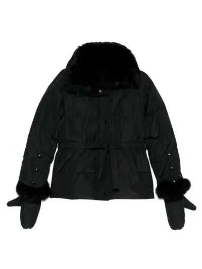 YVES SALOMON DOUDOUNE SHORT DOWN JACKET WITH FUR INSERTS AND BELT