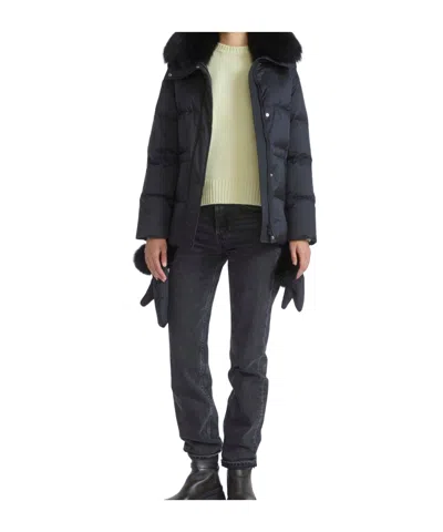 Yves Salomon Down Jacket In Waterproof Technical Fabric With Mittens And Fox Fur Trim In Blue