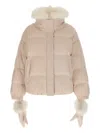 Yves Salomon Doudoune 66 Down Jacket With Fur Collar And Gloves In Neutral