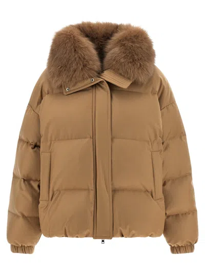 Yves Salomon Down Jacket With Mittens Puffer Jackets Beige In Brown