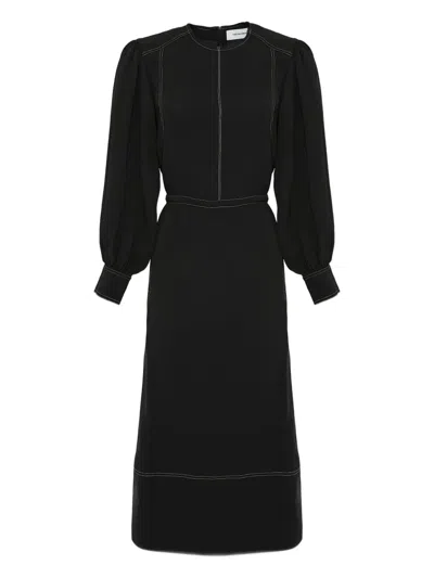 Yves Salomon Drawstring-waist Puff-sleeve Midi Dress In Multi
