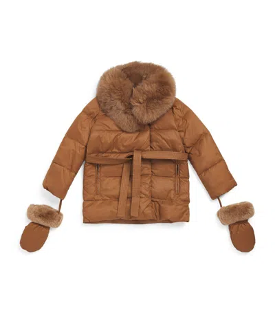 Yves Salomon Enfant Kids' Fur-trim Down Puffer Jacket With Mittens (4-14 Years) In Brown