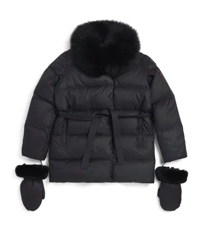 Yves Salomon Enfant Kids' Fur-trim Down Puffer Jacket With Mittens In Black