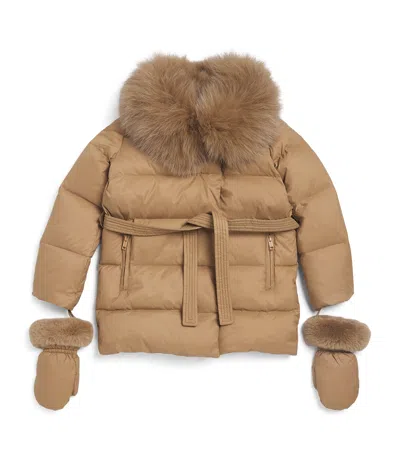 Yves Salomon Enfant Kids' Fur-trim Down Puffer Jacket With Mittens In Brown