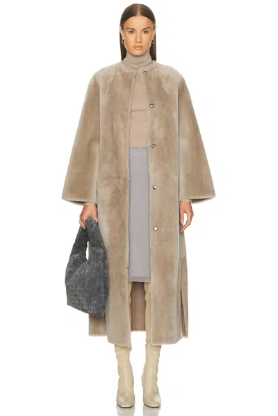 Yves Salomon Extra Long Draped Shearling Reversible Coat In Neutral