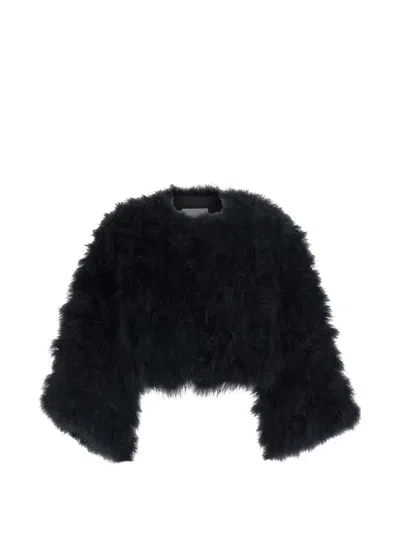 Yves Salomon Cropped Feather-embellished Satin Cape In Black
