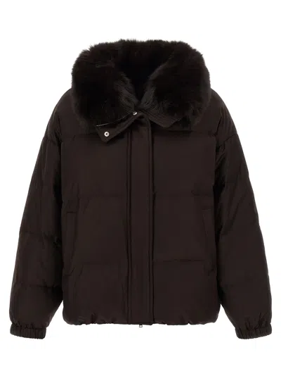 Yves Salomon Flannel Down Jacket With Mittens In Brown