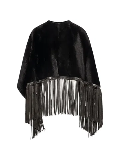 Yves Salomon Fringed Shearling Cape In Black