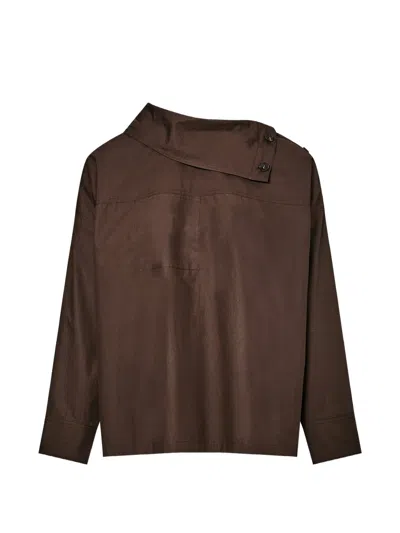 Yves Salomon Funnel-neck Poplin Blouse In Brown