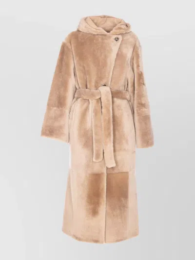 Yves Salomon Fur Coat With Belt And Hood Detail In Neutral
