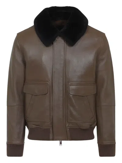 Yves Salomon Lamb Leather Jacket With Black Fur Collar And Flap Pockets In Brown