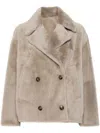 Yves Salomon Beigedouble-breasted Fur Jacket In Lambskin Woman In Grey