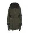 Yves Salomon Fur-trim Down Coat With Mittens In Green