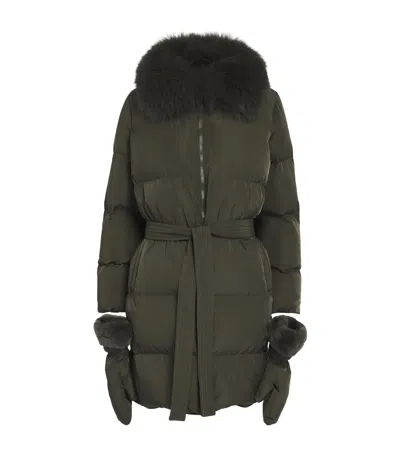 Yves Salomon Fur-trim Down Coat With Mittens In Green