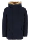 Yves Salomon Waist Drawstring Coat With Fur Trim Hood In Blue