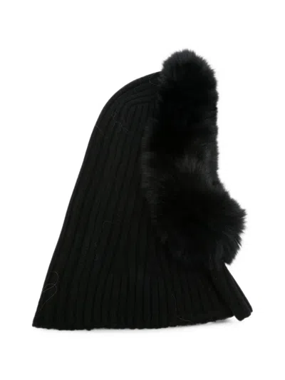 Yves Salomon Fur-trim Ribbed Balaclava In Black