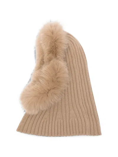 Yves Salomon Fur-trim Ribbed Balaclava In Brown