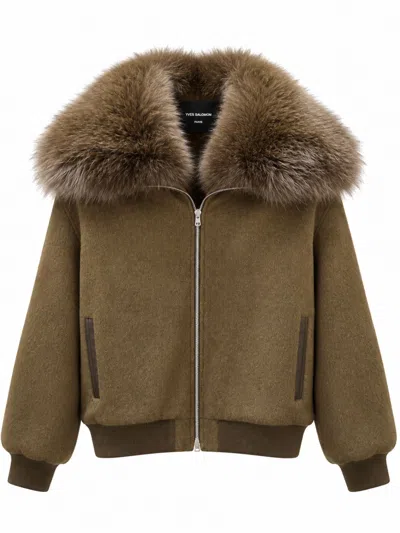 Yves Salomon Green Wool Flannel Fox Fur Bomber Jacket With Ribbed Cuffs And Hem In Brown