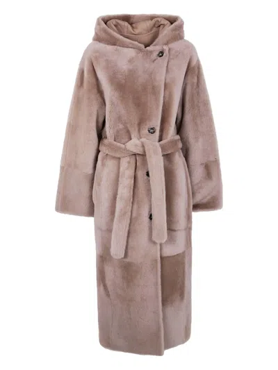 Yves Salomon Hooded Belted Lamb-fur Coat In Brown