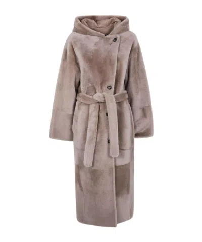Yves Salomon Hooded Belted Lamb-fur Coat In Brown