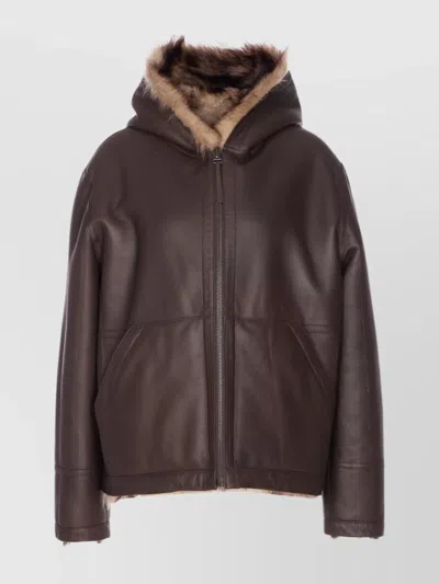 Yves Salomon Hooded Jacket Side Pockets In Brown