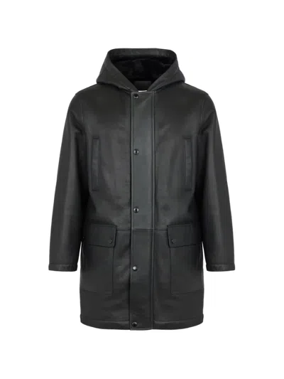 Yves Salomon Hooded Shearling Coat In Black