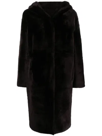 Yves Salomon Hooded Shearling Coat In Brown