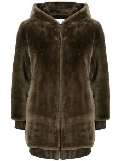 Yves Salomon Hooded Shearling Coat In Green
