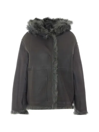 Yves Salomon Hooded Shearling Jacket In Gray