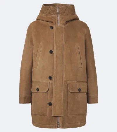 Yves Salomon Hooded Shearling-lined Suede Parka In Brown
