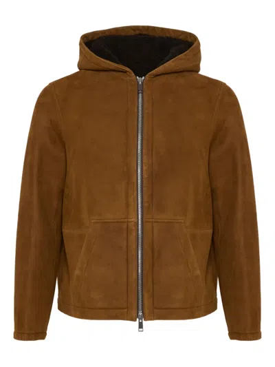 Yves Salomon Hooded Suede Shearling Jacket In Brown