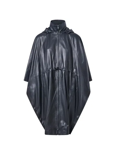 Yves Salomon Hooded Waterproof Leather Cape In Blue