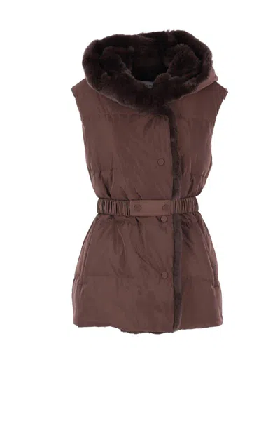 Yves Salomon Sleeveless Hooded Down Jacket In Brown