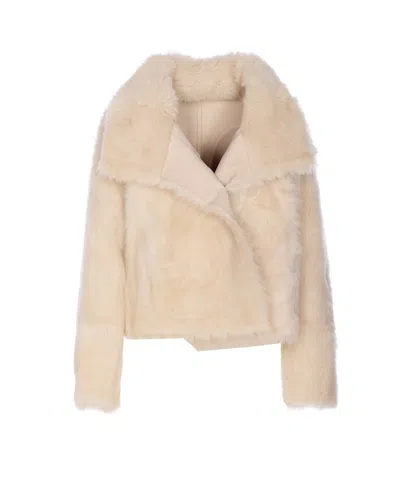 Yves Salomon Luxurious Faux Fur Jacket With Large Collar In Neutral