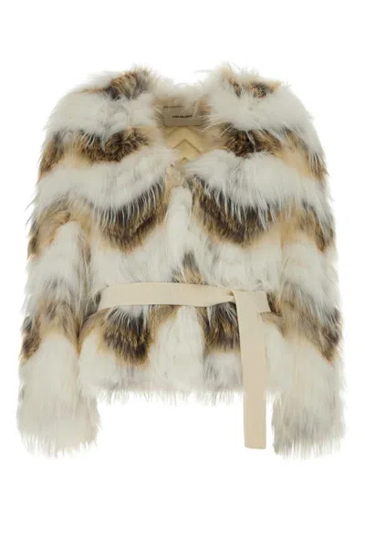 Yves Salomon 55cm Belted Faux Fur Texture Jacket In Multi