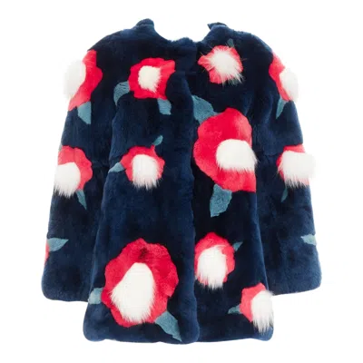 Pre-owned Yves Salomon Kids Navy Rabbit Mink Floral Patchwork Coat Yr10 Xs In Blue