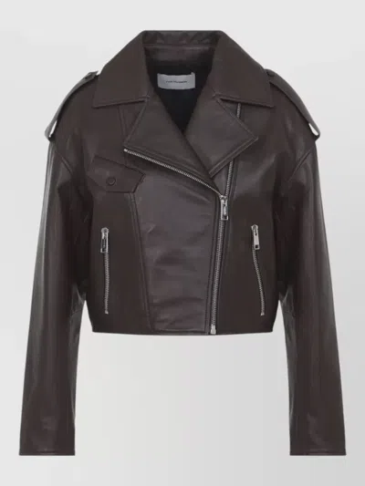 Yves Salomon Lamb Leather Cropped Biker Jacket In Brown