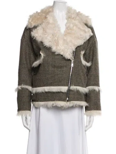 Pre-owned Yves Salomon Lamb Leather Plaid Print Biker Jacket In Neutral