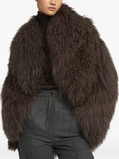 Yves Salomon Lamb Shearling Peacoat Jacket In Brown