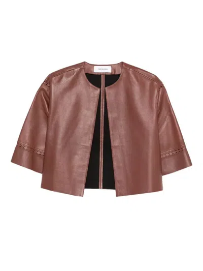 Yves Salomon Laser-cut Leather Cropped Jacket In Brown