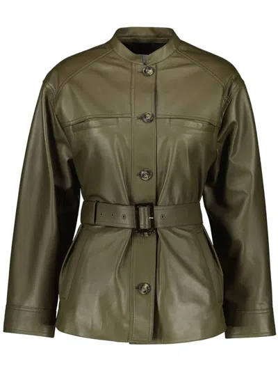 Yves Salomon Leather Belted Jacket In Green