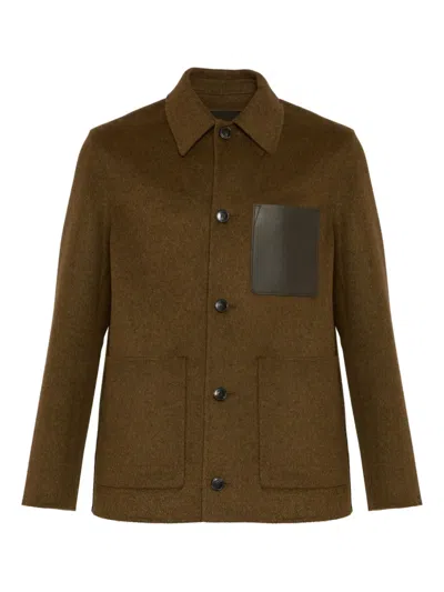 Yves Salomon Leather-patch Wool Jacket In Brown