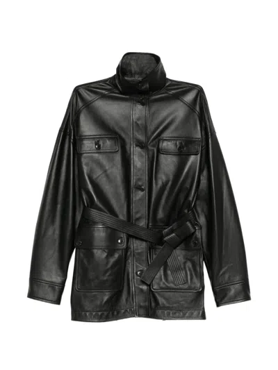 Yves Salomon Leather Safari Jacket In Black