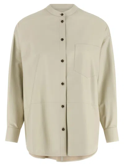 Yves Salomon Long Sleeve Leather Shirt Chest Pocket In Green