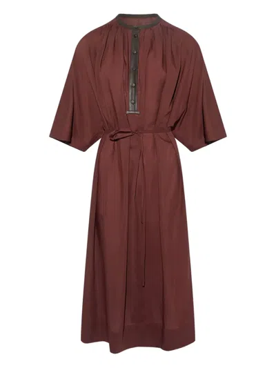 Yves Salomon Leather-trim Belted Midi Dress In Brown