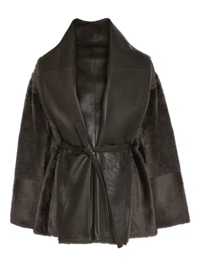Yves Salomon Leather-trimmed Shearling Jacket In Gray