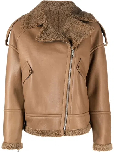 Yves Salomon Leather Zip-up Biker Jacket In Braun