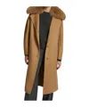 Yves Salomon Long Belted Coat In Cashmere Wool With Fox Fur Collar In Light Brown